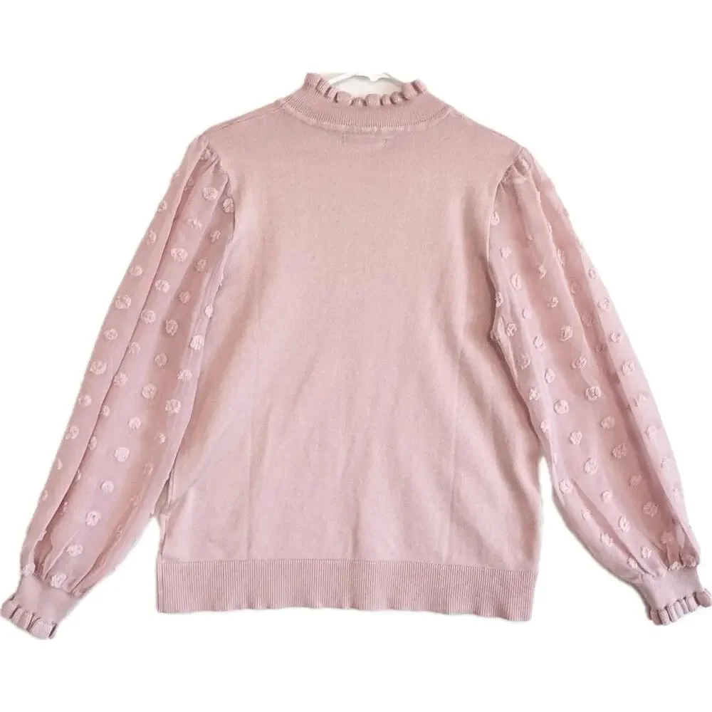 ADRIANNA PAPELL Swiss Dot Sheer Sleeve Sweater Women's Size L Dusty Pink - Picture 2 of 12